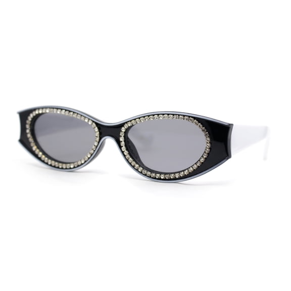 Womens Jewel Rhinestone Oval Glitter Concave Mid Temple Sunglasses Black White - Black