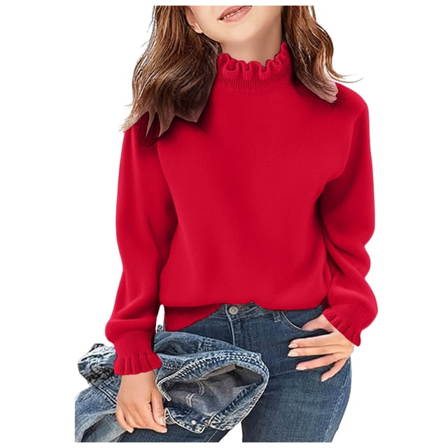 WUANDIXFA Chandail pour Filles Chandail de Noël Chandail pour Enfants Confortable Chaud Tricoté Chandail pour Filles à Bord Ondulé Chandail de Base Tricoté Rouge, 2-3 Ans