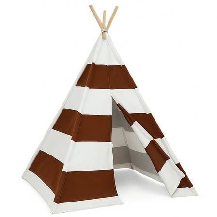 Modern Home Striped Kids Play Tent – Indoor Teepee Playhouse for Toddlers and Children, Foldable Canvas Tent with Wooden Poles (Brown Stripes)