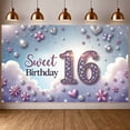 thumbnail image 3 of Sparkling Sweet 16 Banner Floral Design 16th Birthday Display Purple Pink Butterfly Accent Birthday Backdrop for Sweet 16 Party Teenage Birthday Photo Shoot, 3 of 9