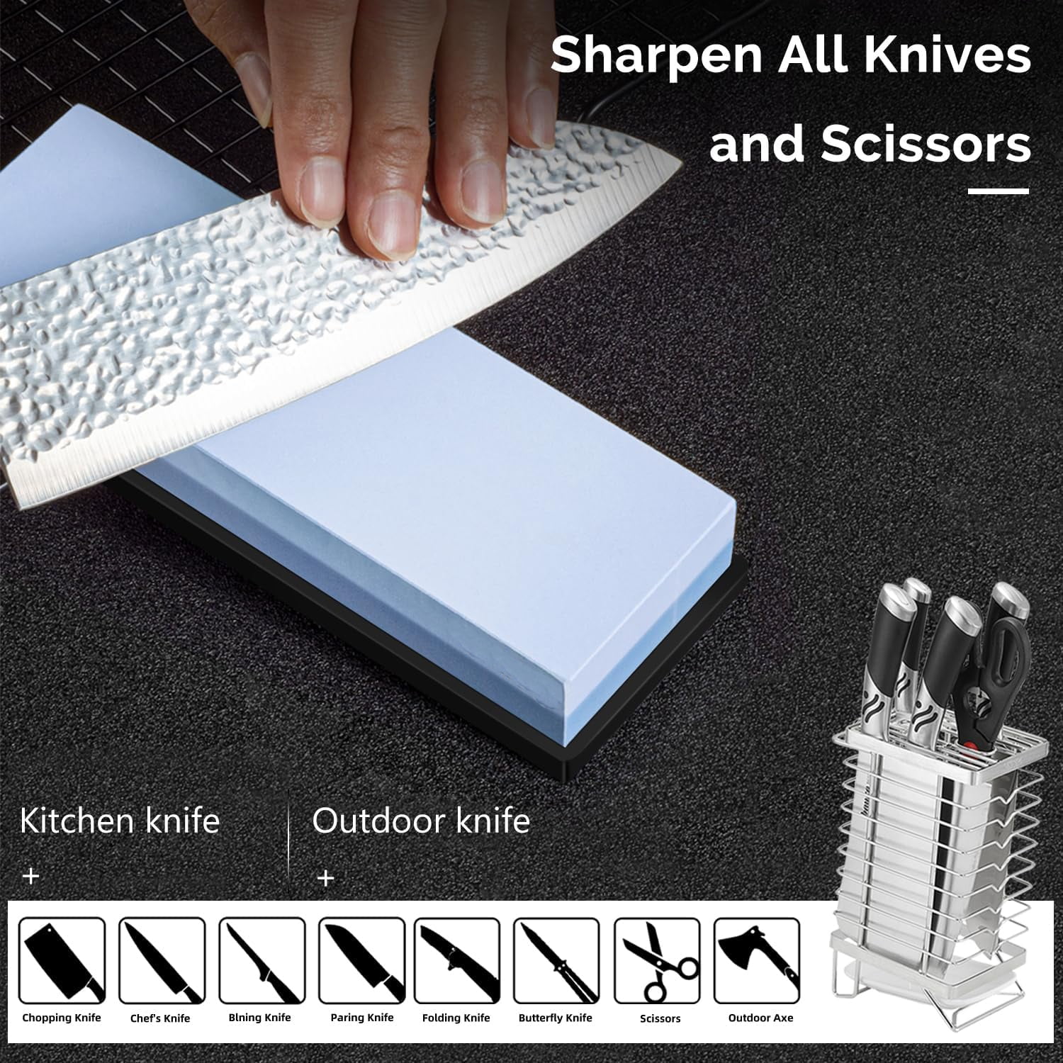 Knife Sharpening Stone Set – Dual Grit Whetstone 400/1000 3000/8000 Knife Sharpener with Leather Strop, Flattening Stone, Bamboo Base, 3 Non-slip Rubber Bases & Angle Guide