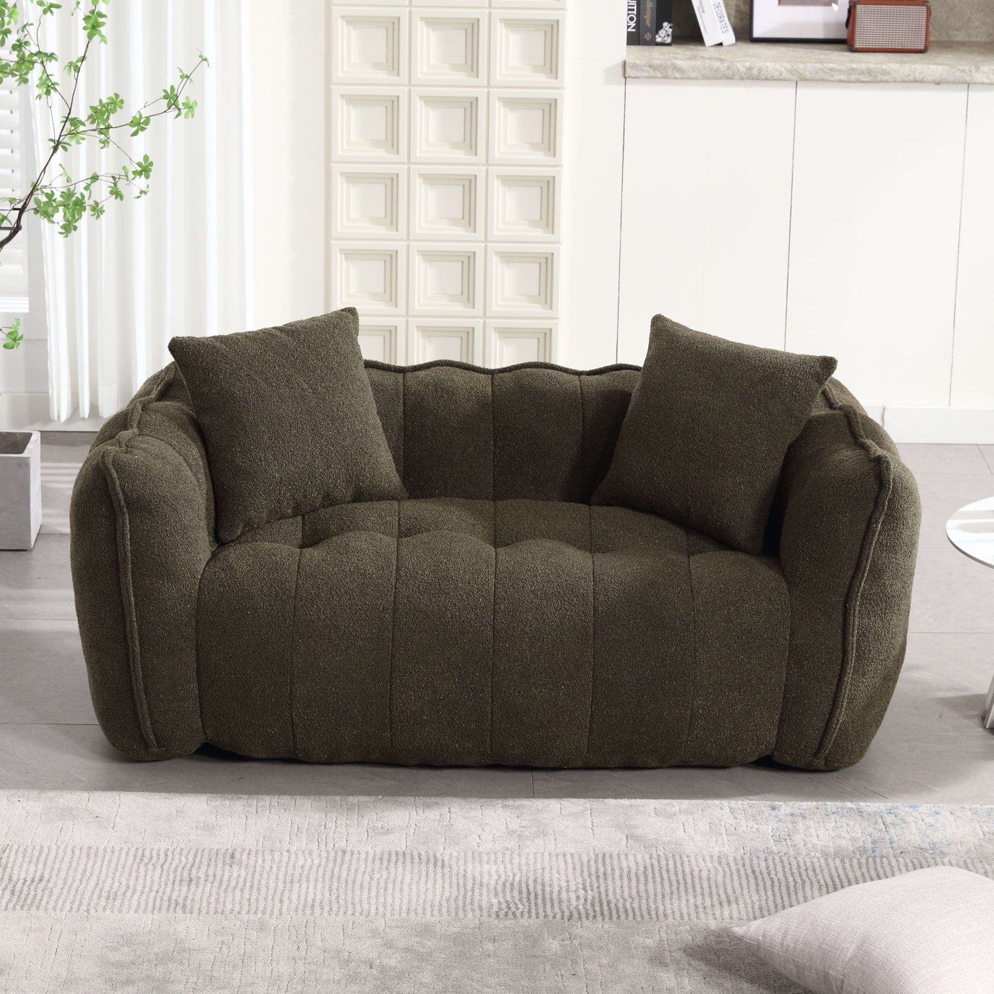 PORKISS Oversized Bean Bag Chair with 2 Pillows, Giant Large Loveseat Bean Bag Chair Couch for Adults Teens, Chenille Fabric Sofa, Olive Green