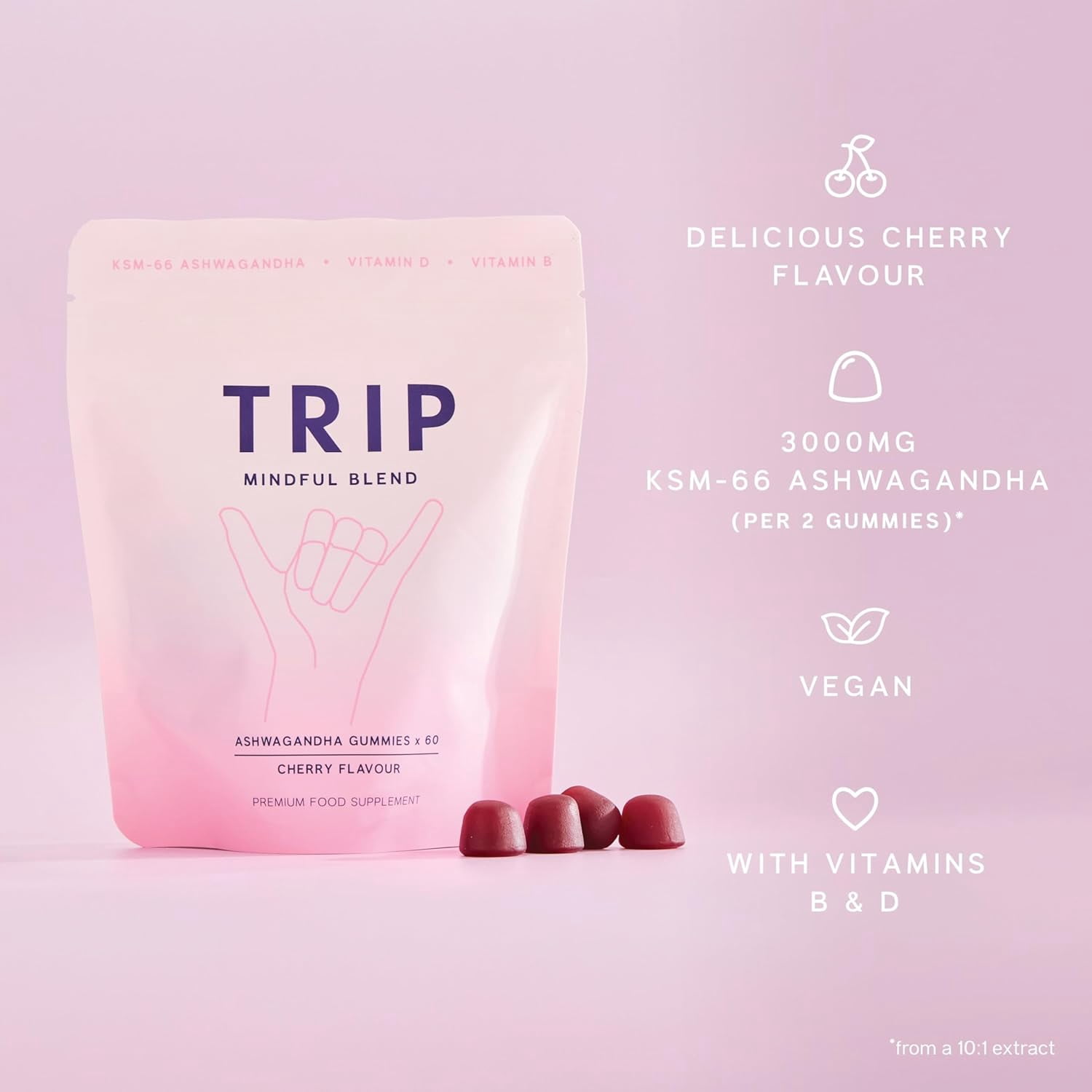 TRIP Ashwagandha Gummies with Vitamin D, B12 & B6, Stress Support Supplement, Non-GMO, Cherry Flavor, 60 Count