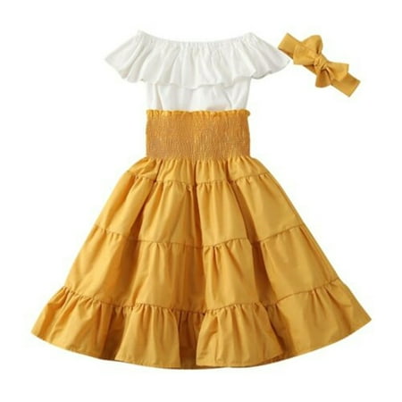 

Kiapeise 3 Pcs Little Girls Off Shoulder Ruffled Top+High Waist Skirt +Bow Suit