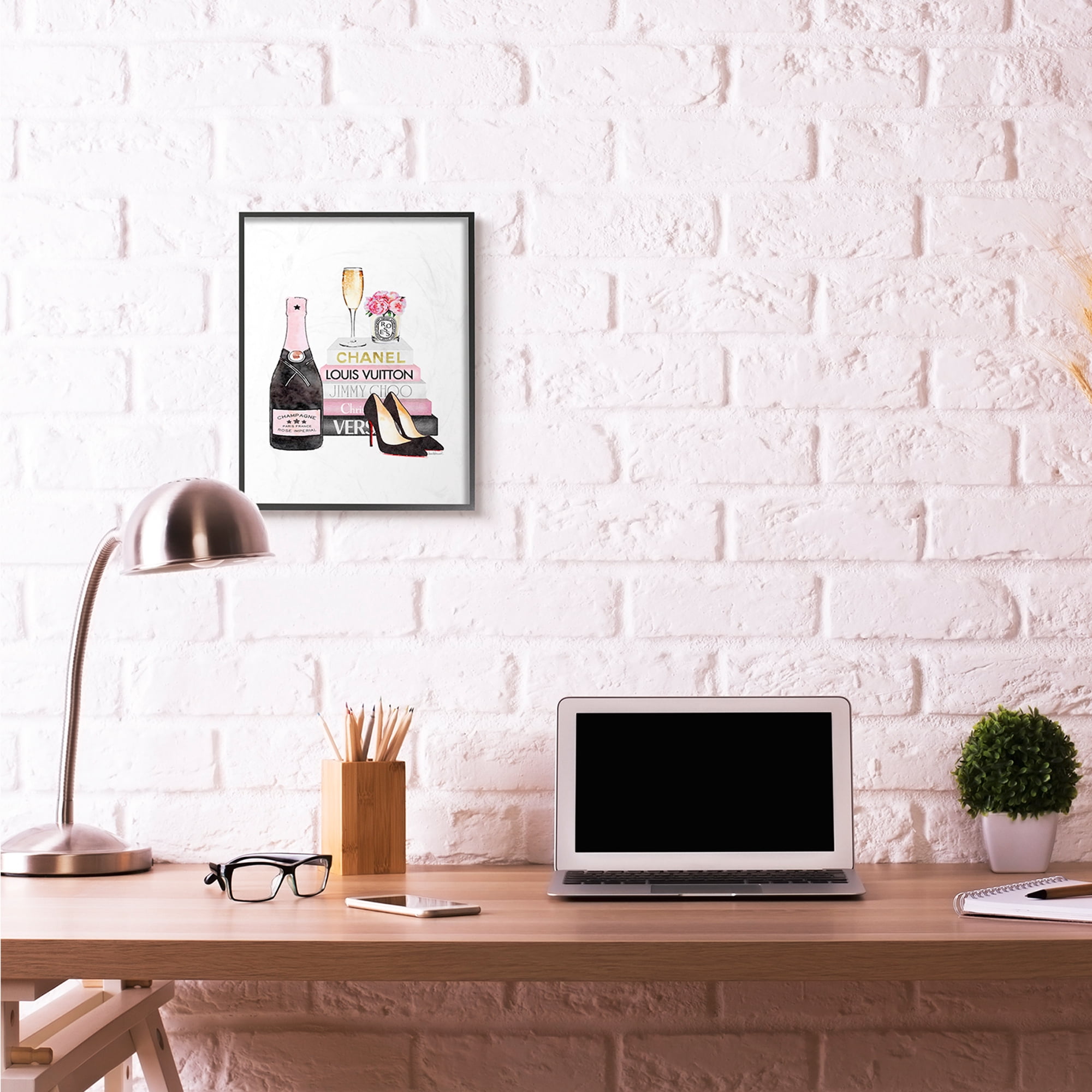 Stupell Industries Fashion Designer Wine Shoes Bookstack Pink Watercolor Framed Wall Art by Amanda Greenwood
