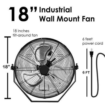 18in Black Industrial Wall Mount Fan 3-Speed Indoor/Outdoor Commercial Ventilation Metal High Velocity Fan
