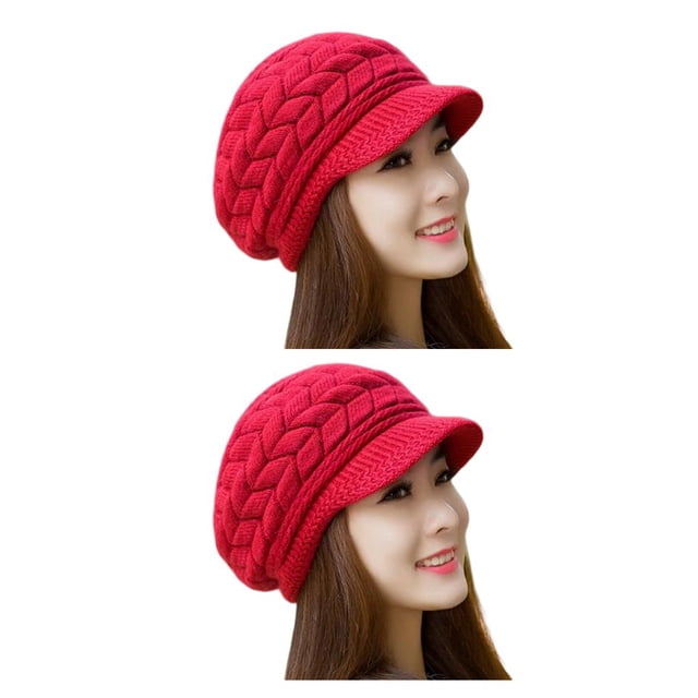 Minnieouse Gorro de punto con visera para el pelo, ropa de mujer, gorro de punto, protección de felpa elástica informal, Color sólido cálido, Rojo Rojo 2piezas