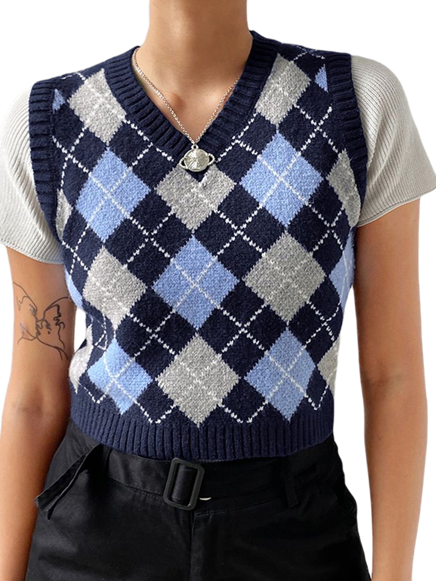 Carmar Women Plaid Pattern Knit Short Sweater Vest Sleeveless Vingate V-Neck 90s Waistcoat Pullover Knitwear Crop Top 