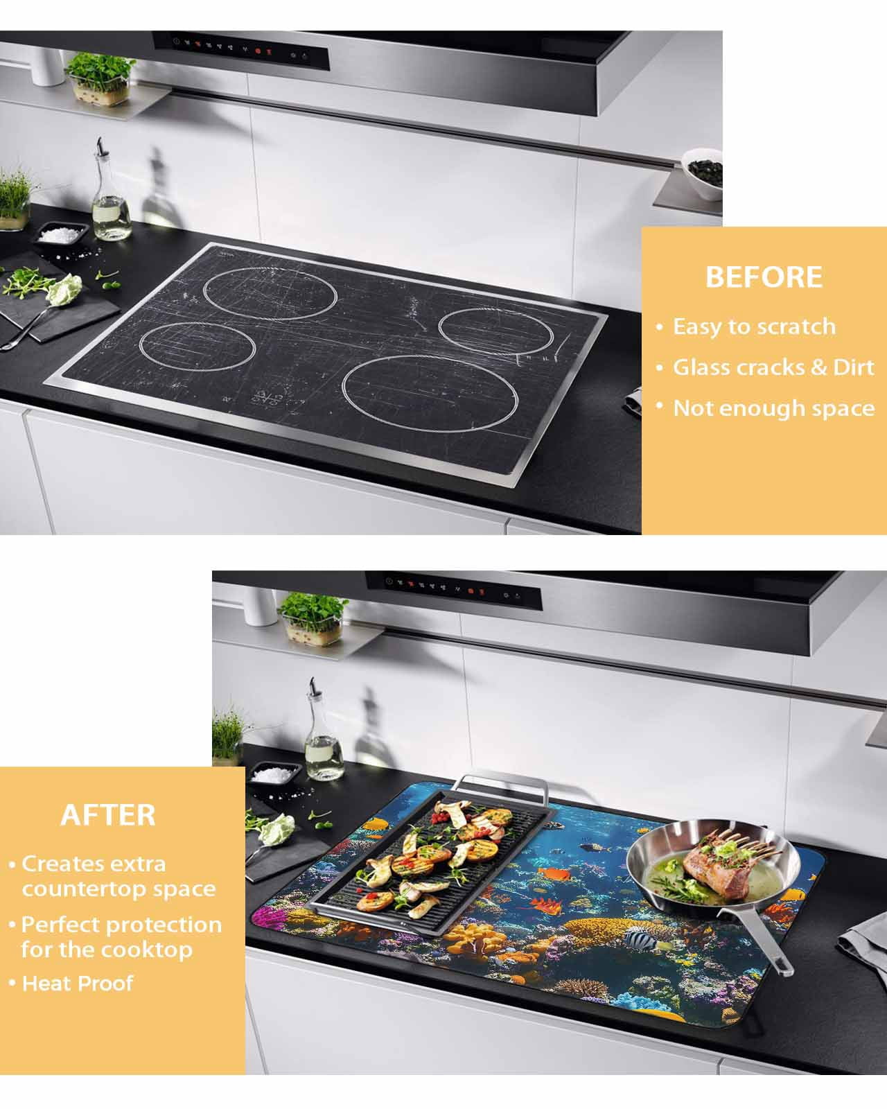 nqOlkjepod Large Induction Cooktop Protector Mat 28.5"x20.5", Turtle Stove Top Covers for Electric Stove, Summer Beach Ocean Coral Sunlight Jellyfish Stove Burner Cover Mats, Glass Top Stove Cover