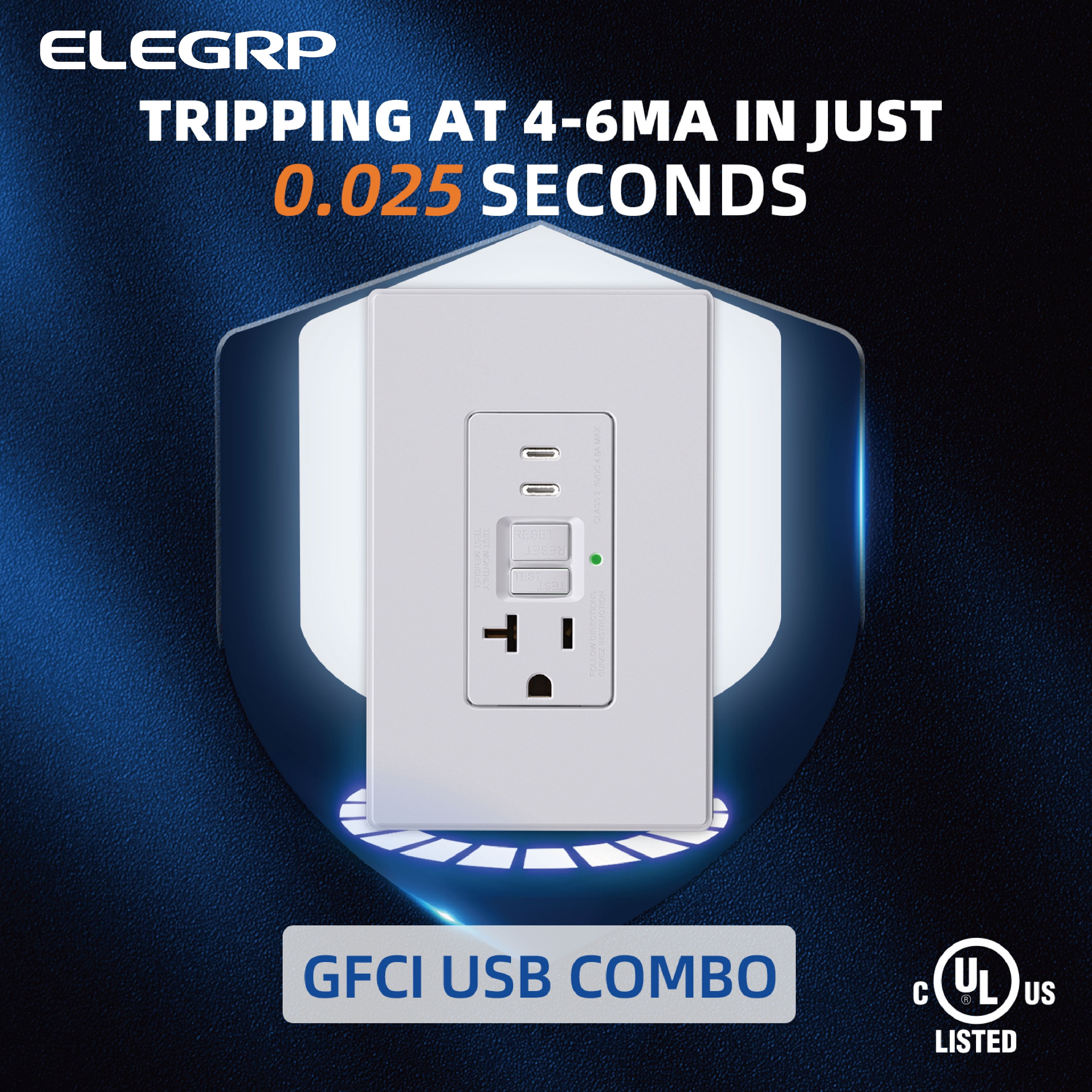 ELEGRP 20 Amp Self-Test GFCI Outle & 24W In-Wall USB Charger combo Receptacle, Dual Type C, Midsize Screwless Wall Plate included, UL & CUL Listed, White, 1 pack