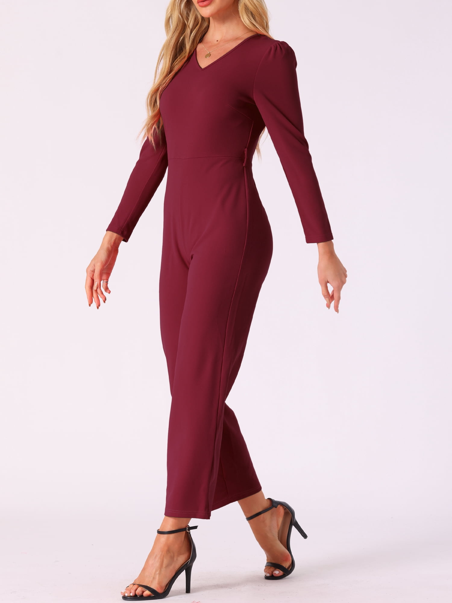DARING DIVA Women's V Neck Wide Leg Elegant Knit Jumpsuits S Wine Red
