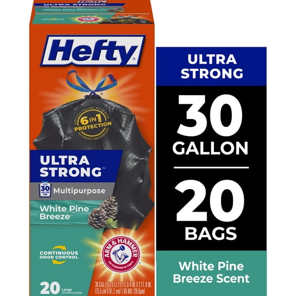 Hefty Ultra Strong 30 Gallon Trash Bags, Black Large Trash Bags, White Pine Breeze Scent, 20 Bags