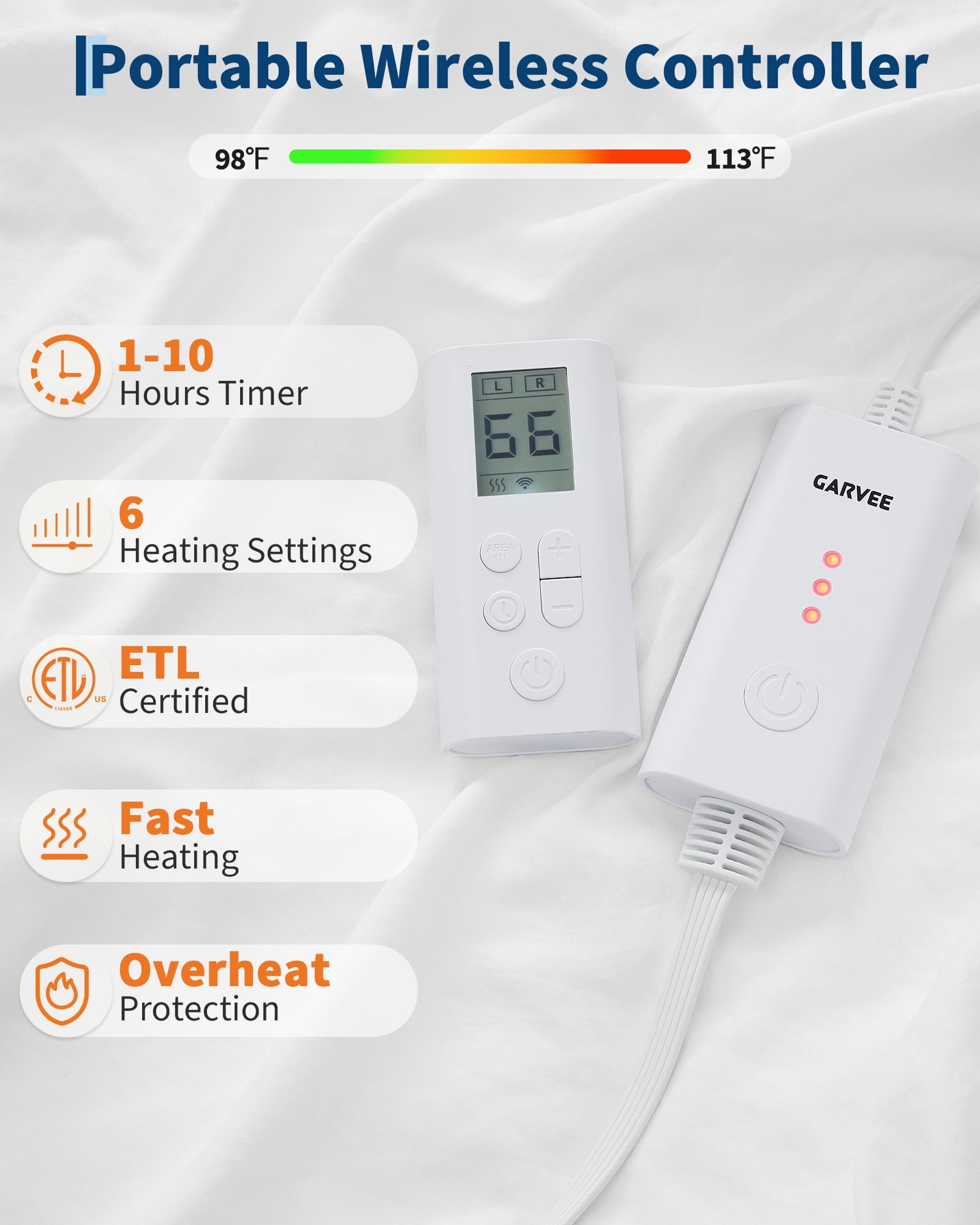 GARVEE Oversized Heated Comforter Blanket,104"X90" Cal King Size Ruffle Electric Quilt with Wireless LCD Controller,6 Heat Levels&1-10H Timer,ETL Certified,White
