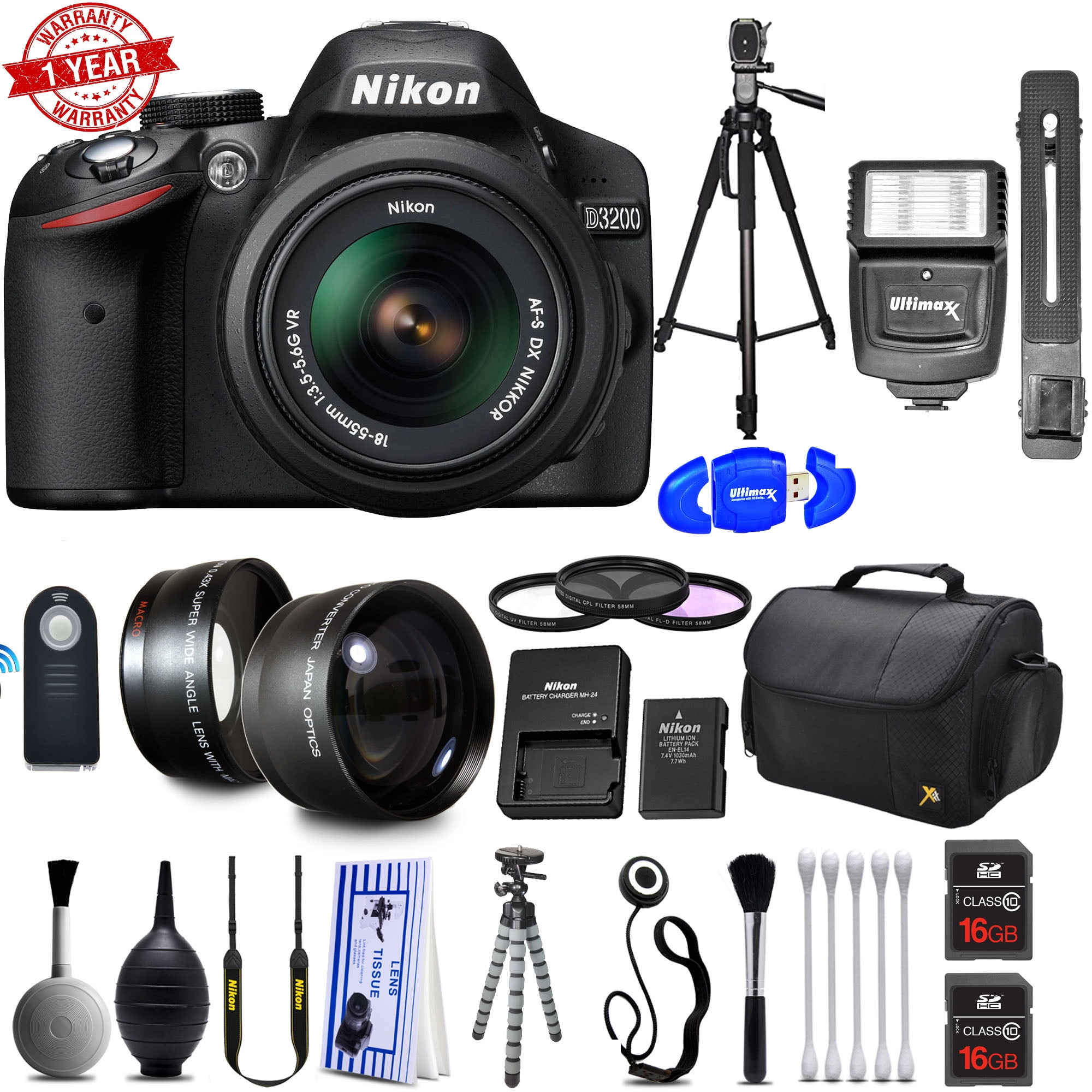 Nikon D3200 Digital SLR Camera with 18-55mm AF-P Lens Kit w/ 32GB MC | Flash | Tripod | Additional Accessories Bundle - Walmart.com