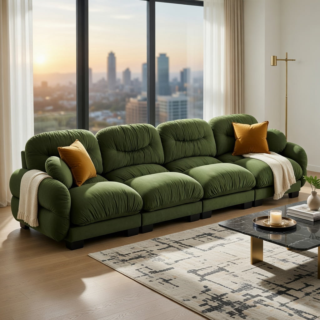Hommoo Chenille 4-Seat Modular Sofa with Pleated Back Design, Ergonomic High-Density Foam Cushions, Curved Armrests & 2 Round Throw Pillows, Modern Living Room Sectional, Green