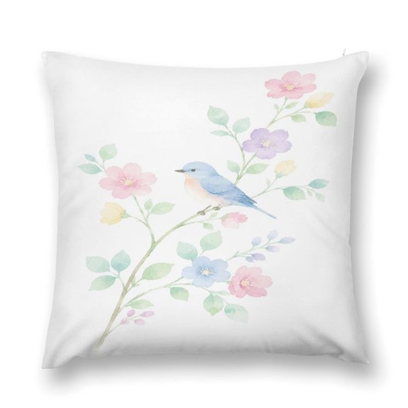 Patifu Watercolor Bird On Floral Branch Decorative Pillowcase, Sofa, Bedroom, and Living Room Holiday Season Home Decor Cushion Cover,