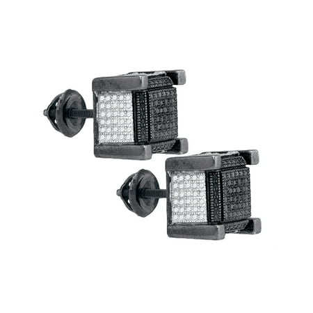 Cube Sterling Silver Earrings - Sterling Silver Mens Round Black Color Enhanced Diamond 3D Cube Stud Earrings 1/10 Cttw
