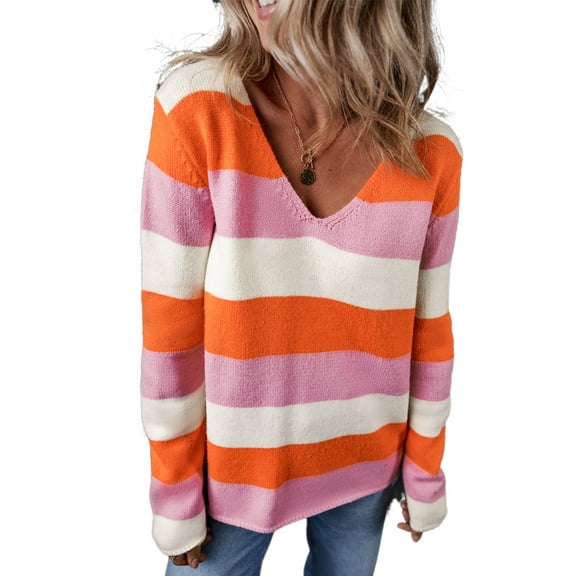 Women's Orange Stripe Colorblock V-Neck Casual Sweater - [ZhiHiMeRi] | (US 12-14)L