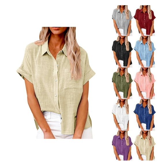 YDDIAN Office Tops for Women Work Loose Fit Short Sleeve Cute Collared Shirts Button Up V Neck Spring Casual Clothes Beige 3XL
