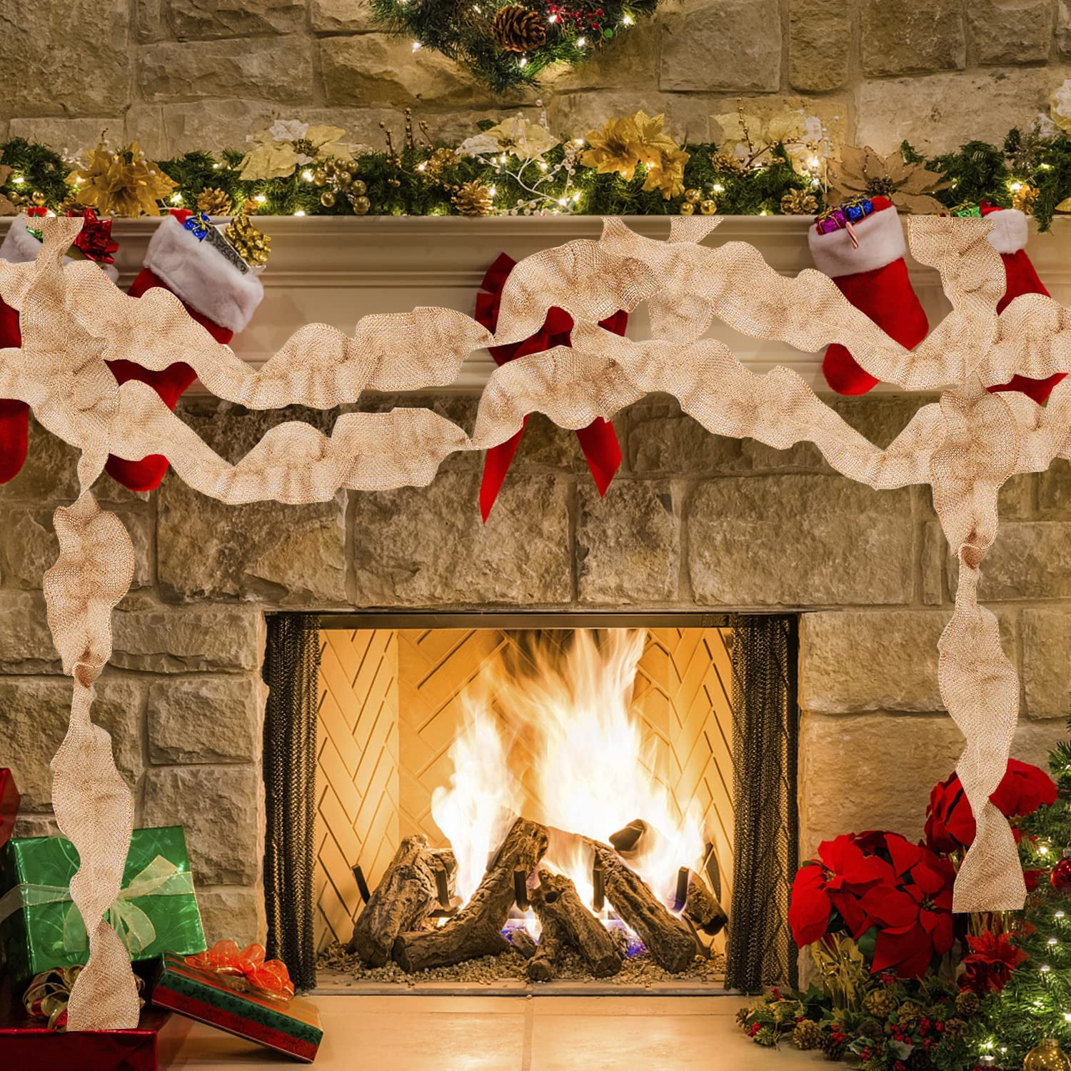 27ft Christmas Buffalo Plaid Ribbon Ruffled Homespun Fabric Garland, Christmas Tree Ribbon Decorations for Christmas Home Wreath Staircase Tree Decor