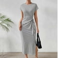 thumbnail image 5 of Lenpel Women's Summer Bodycon Dresses Striped Cap Sleeve Crew Neck Tie Side Split Slim Midi Dress Casual Pencil Dresses, 5 of 7
