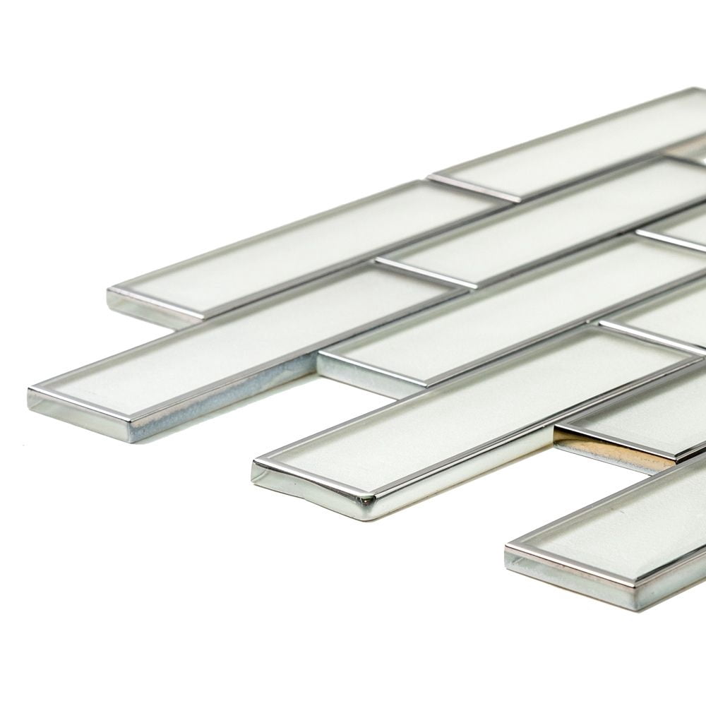 The Tile Life Athena 2" x 6" White/ Silver Glossy Glass Brick Mosaic Tile Sample, 1 Piece