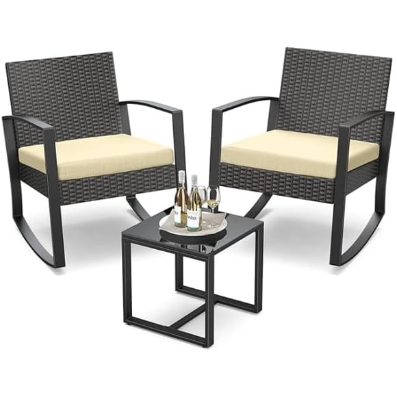 Juego de 3 muebles de porche, mecedora de patio, conjunto de bistró, sillas de ratán para exterior, conjunto de conversación con mesa de centro para porche, jardín, balcón, patio trasero y piscina