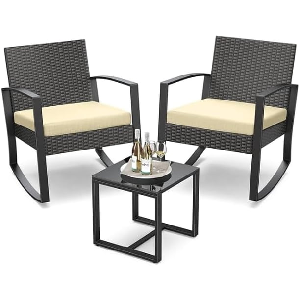 Juego de 3 muebles de porche, mecedora de patio, conjunto de bistró, sillas de ratán para exterior, conjunto de conversación con mesa de centro para porche, jardín, balcón, patio trasero y piscina