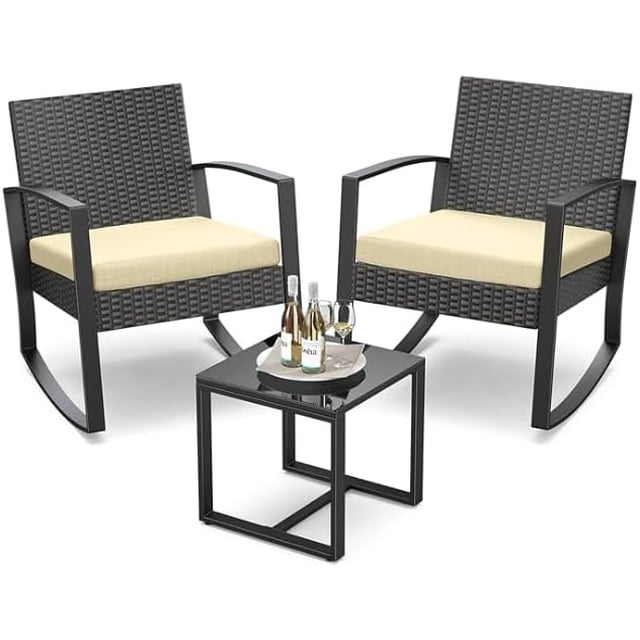 Juego de 3 muebles de porche, mecedora de patio, conjunto de bistró, sillas de ratán para exterior, conjunto de conversación con mesa de centro para porche, jardín, balcón, patio trasero y piscina