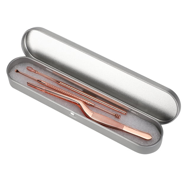 Juego de removedor de cera para oídos de acero inoxidable, 3 piezas de púas y pinzas para orejas de doble cabeza (oro rosa)