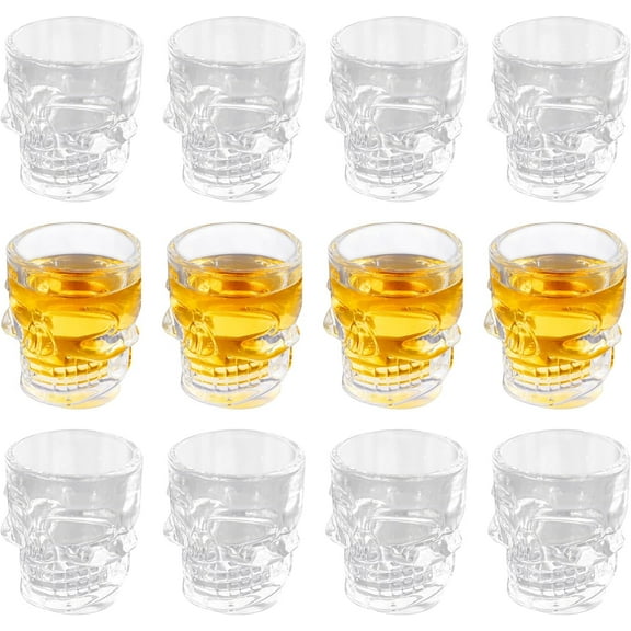 Skull Face Heavy Base Whiskey Shot Glasses, Set of 12, Clear Shot Drinking Glassware for Party, Wine, Whiskey, Tequila, Cocktail, Beverage, Bar Decor, 1.5 oz