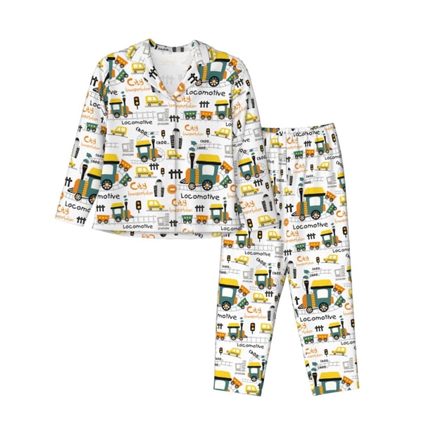 Balery Transportation Cartoon Conjunto de Pijama con Estampado para Mujer, Conjunto de Dos Piezas con Manga Larga, Ropa de Dormir Suave con Bolsillos, Pijamas Cómodos-Medium