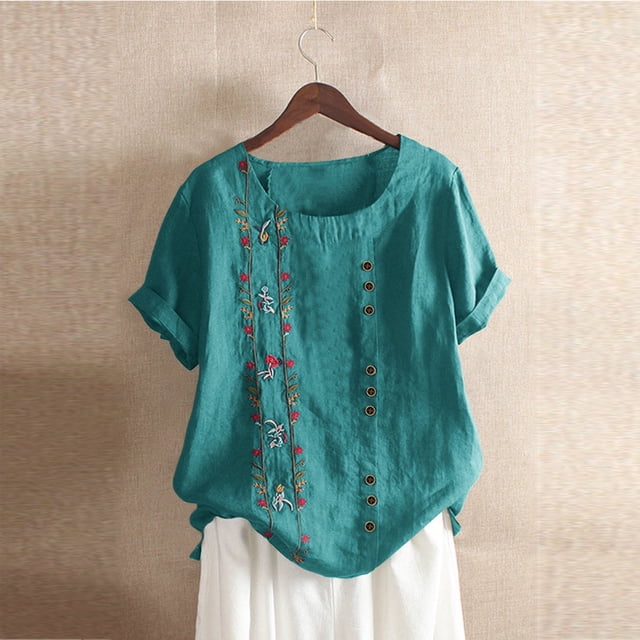 Puntoco - Camisas casuales sueltas de algodón y lino con estampado de flores de lavanda para mujer Puntoco Puntoco-5403