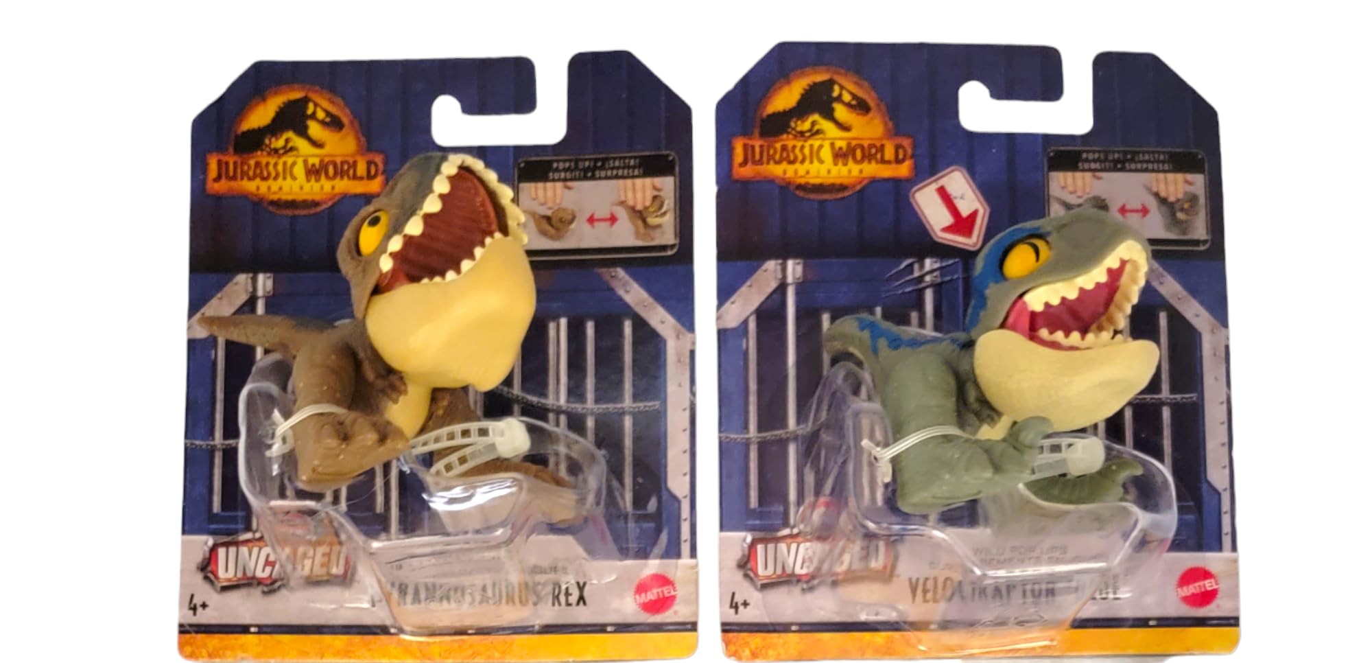 Jurassic World 2023 Wild Pop Ups Uncaged Set of 4 Figures (Tyrannosaurus Rex, Carnotaurus, Dilophosaurus, Velociraptor Blue) from HFR10-956A Release