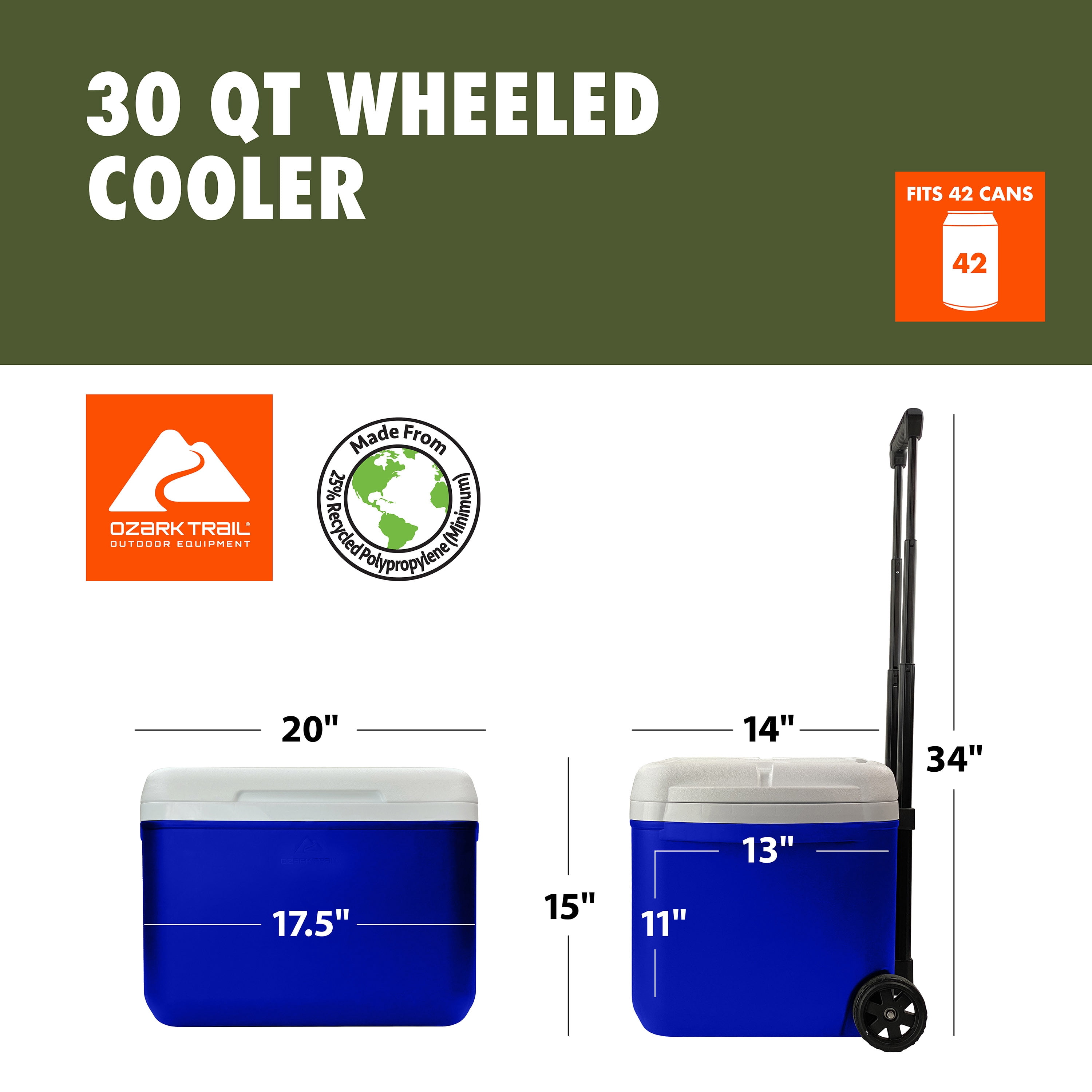 Ozark Trail 30 Quart Capacity Hard Side Wheeled Cooler, 42-Can, Royal Blue