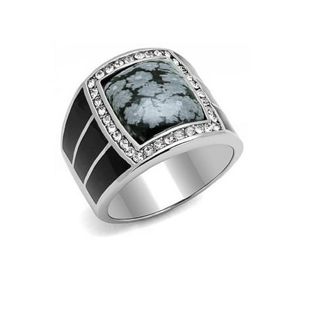 Handcrafted Snowflake Obsidian - Large New Men's Stainless Steel Black IP Obsidian Snowflake Ring Sizes 8-13