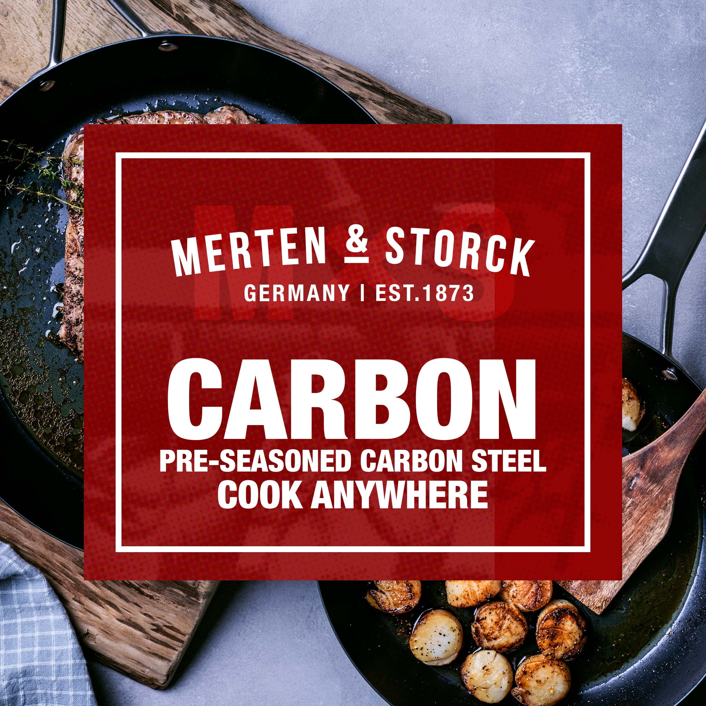 Merten & Storck Pre-Seasoned Carbon Steel Pro Induction 12 Frying Pan  Skillet, Stainless Steel Handle, Black 