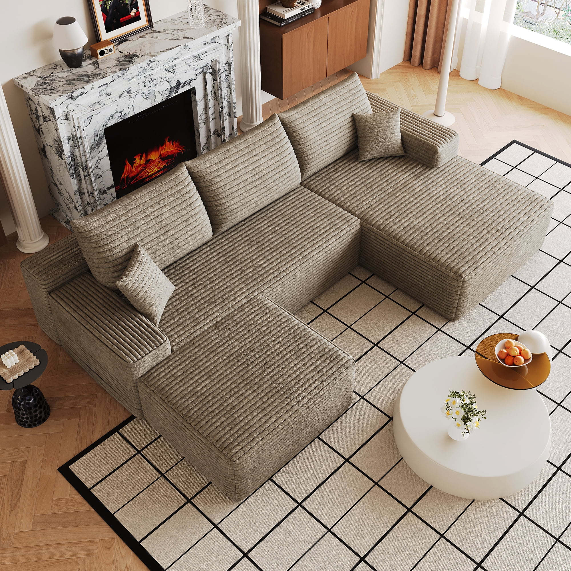 Cloud Sectional Sofa 107 Inch, U-Shaped Modular Couch with Ottoman and Corduroy Fabric, Deep Seat Corner Sofa for Living Room, No Assembly Required, Camel
