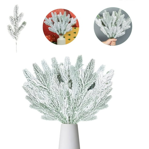 Christmas Faux Pine Branches,24PCS Portable Snowy Artificial Pine Needles,QZS Snow Christmas Floral Decor for Holiday Flower Arrangement