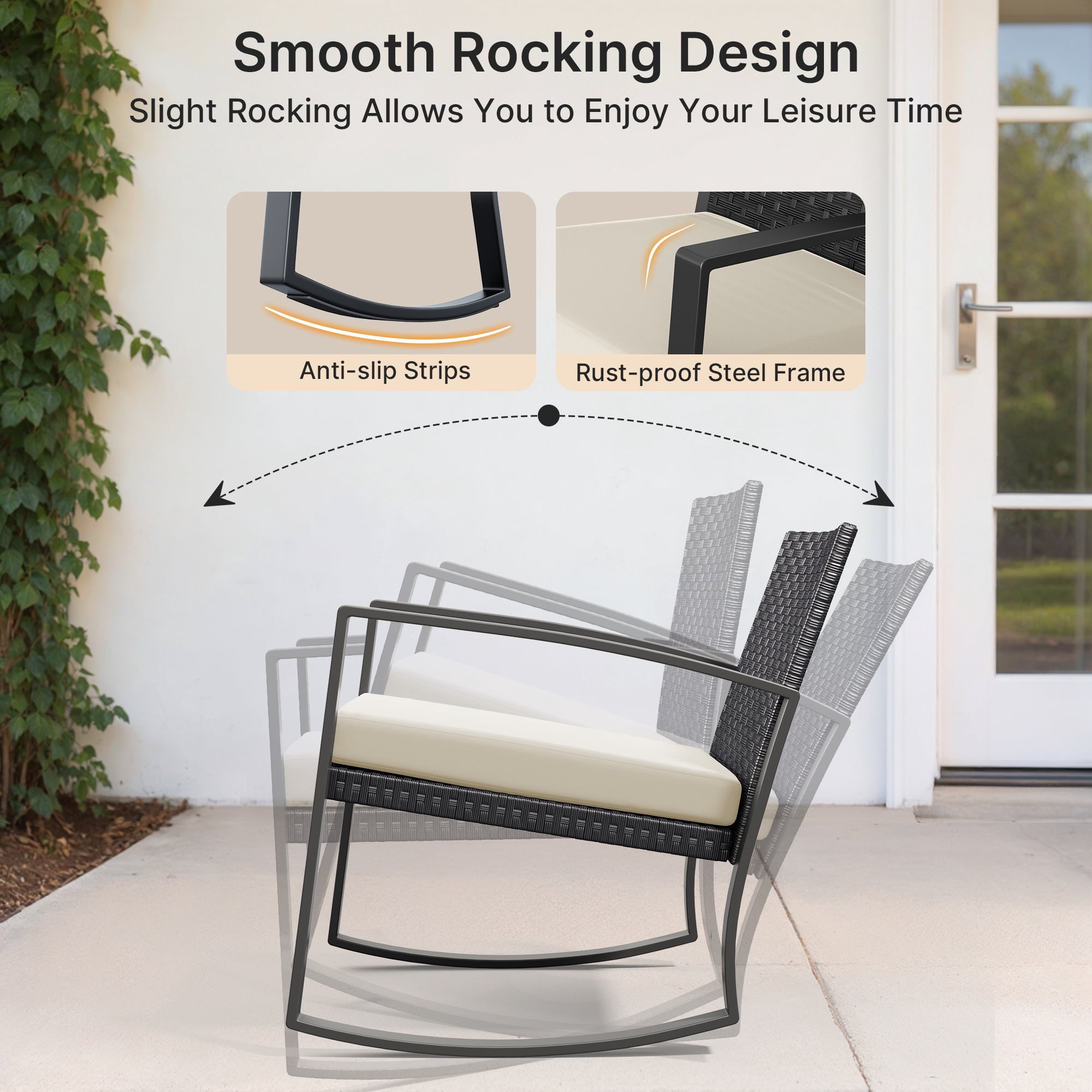 Patio Furniture Set, Asofer Rocking Wicker Chair with Soft Cushion and Coffee Table, for Garden, Balcony, Backyard, Black