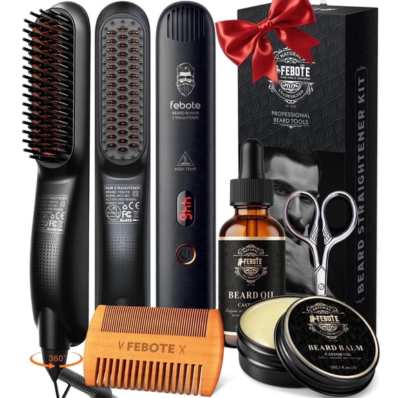 FEBOTE Beard Straightener Kit for Men, Heated Ceramic Beard Straightening Brush for Coarse Curly Beard Hair, All-in-One Grooming Kit with Oil, Balm, Comb, Scissors & Travel Case, Gift for Him