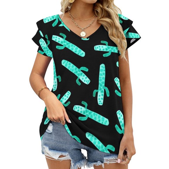 Space Cactus Lotus Leaf Neck T-Shirt Long Sleeve Women'S T Shirt Elegant Fashion Tops & Tees Space Cactus Cacti Aqua Green