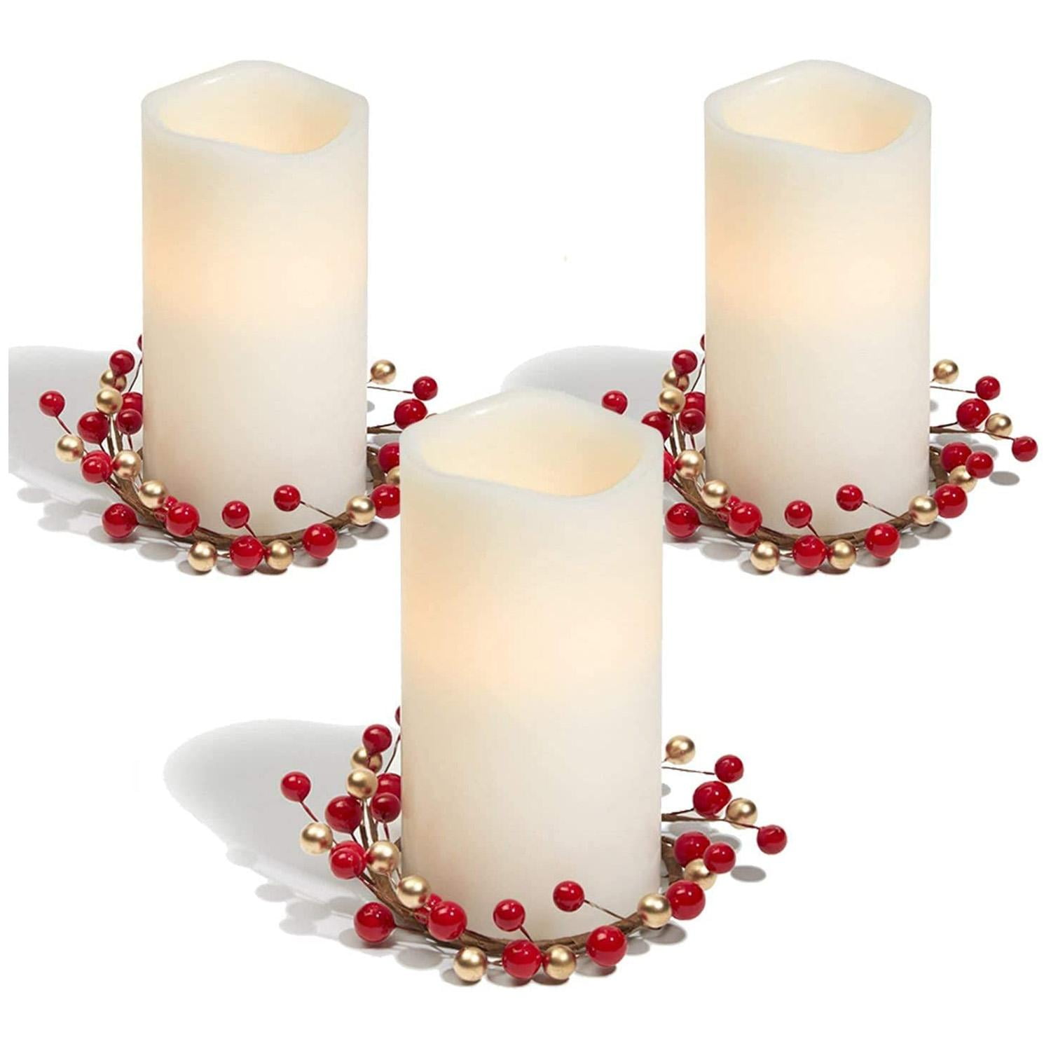 3Pcs Columnar Candle Rings, Artificial Red & Gold Berry Candle Holders