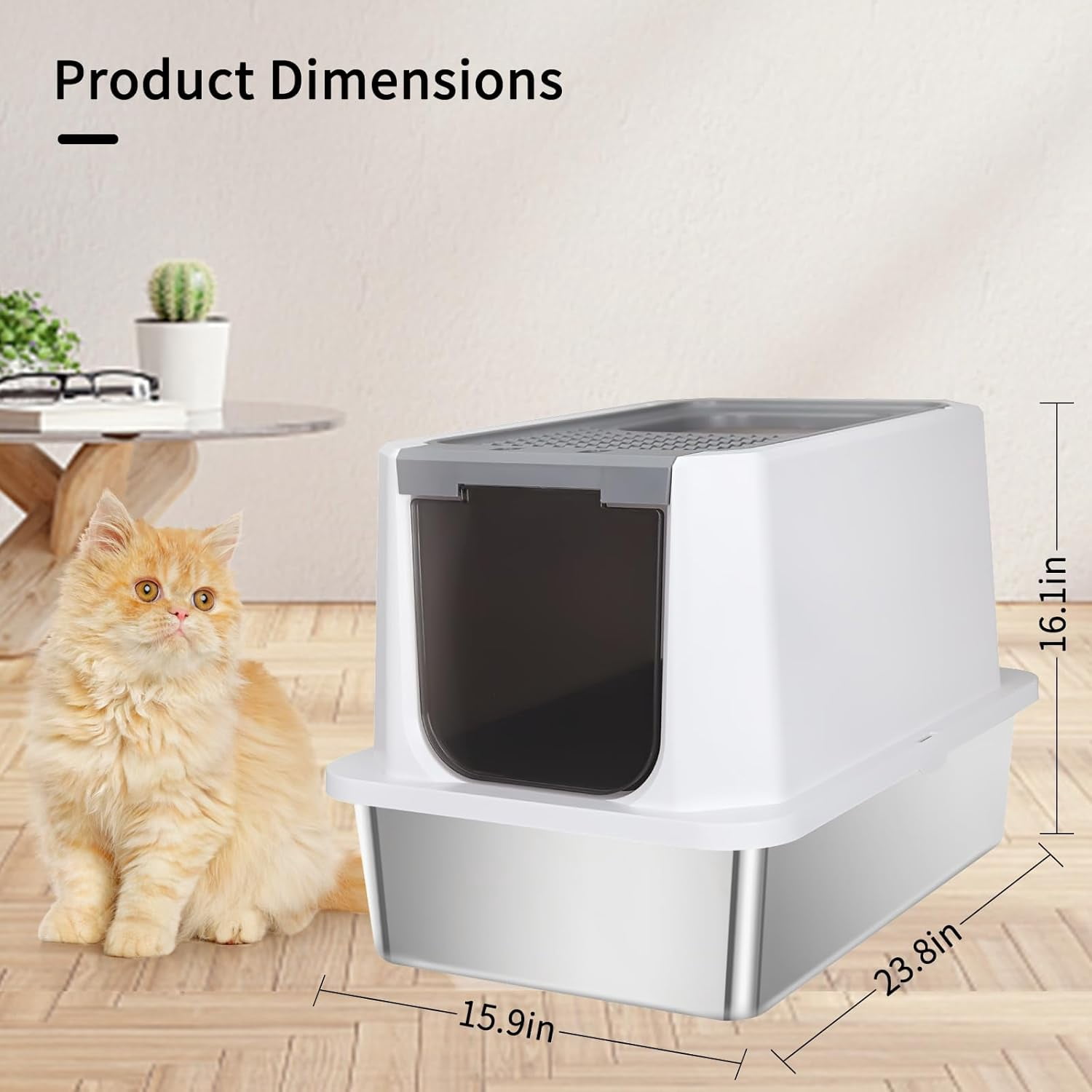 Stainless Steel Cat Litter Box, Semi-Enclosed Litter Box with Raised Edges, Anti-Leakage & Odorless, Large Litter Box for Small to Large Sized Cats (Dark Gray, 23.8" L*15.9" W*16.1" H)
