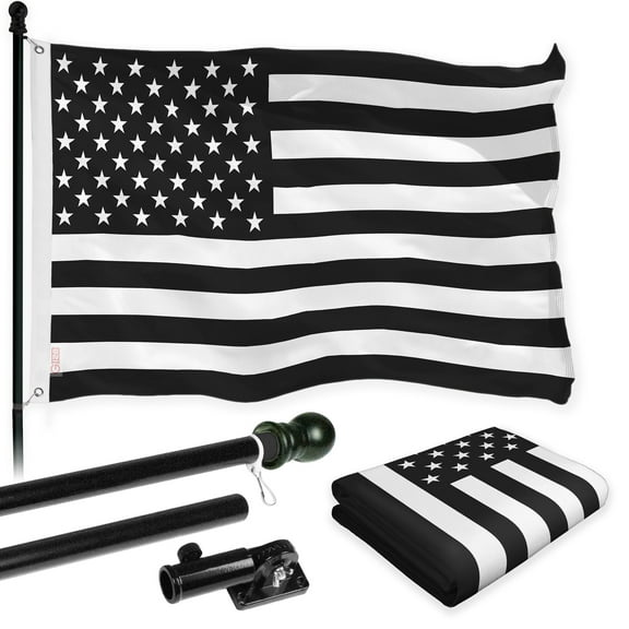 G128 Combo Pack: Flag Pole 6 FT Black Tangle Free & USA America Black and White Flag 3x5 FT Brass Grommets Printed Polyester (Flag Included) Aluminum Flag Pole