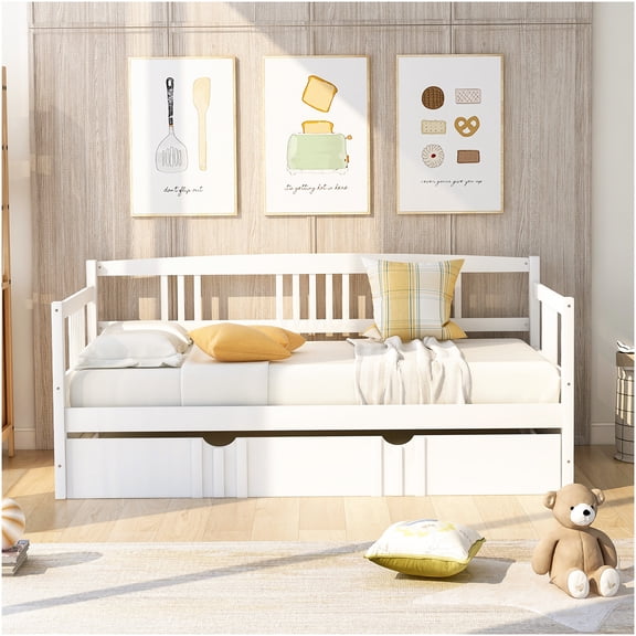 Twin Size Daybed with Trundle, White Wood Frame Space Saving Sleeper Sofa Bed
