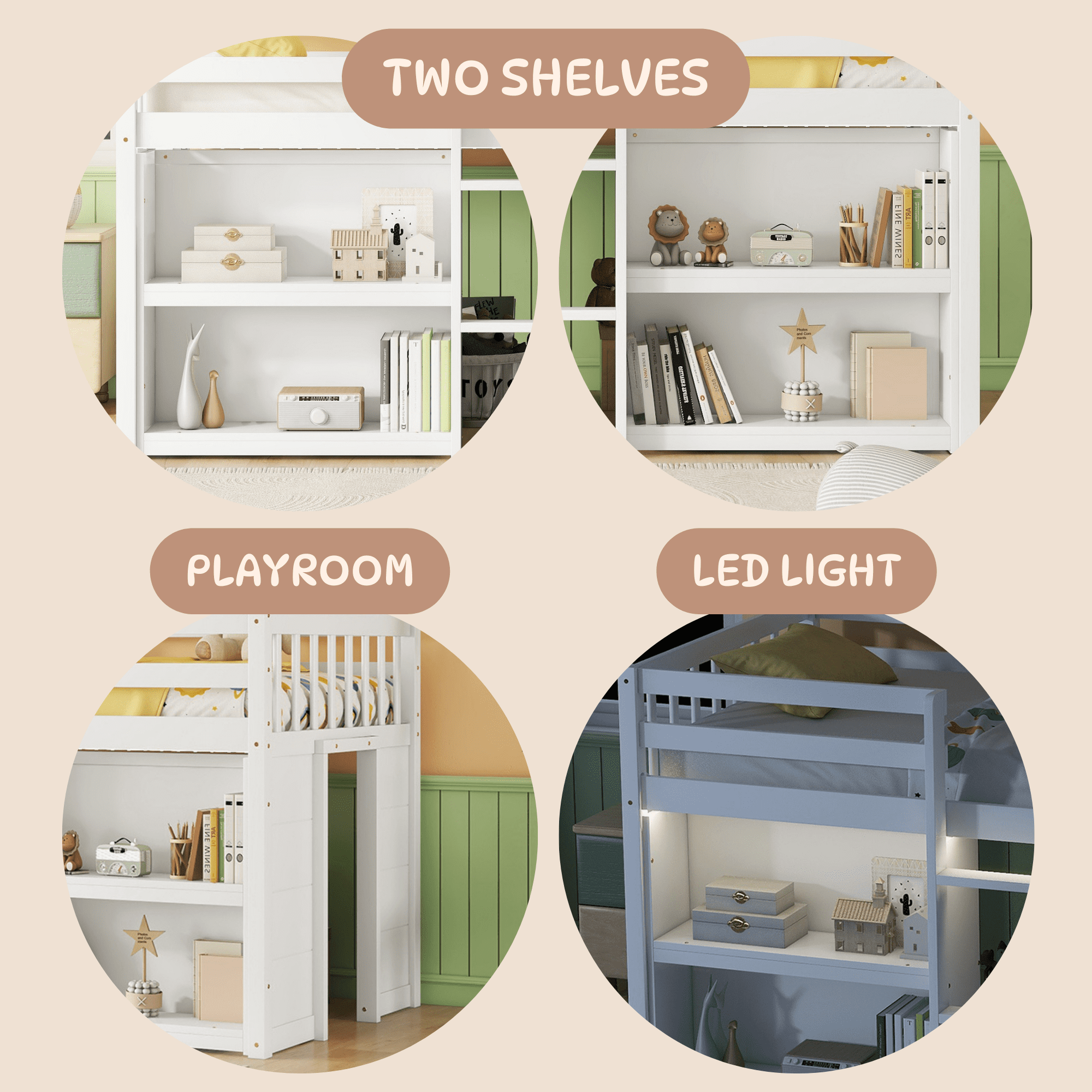 Miniyam Wood Twin Size Loft Bed with LED Light & Shelves for Kids and Teens, White