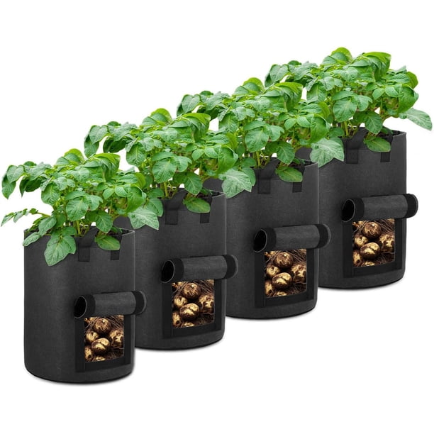 Paquete de 4 bolsas de cultivo de papas con ventana de solapa, macetas de tela de aireación con asas para jardín y plantación (negro)
