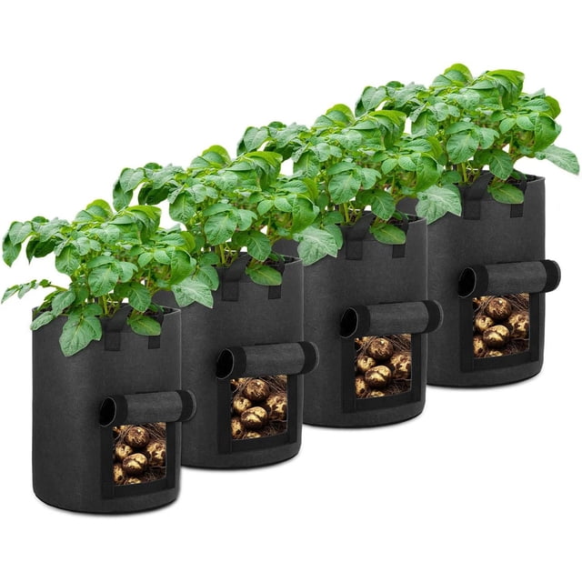 Paquete de 4 bolsas de cultivo de papas con ventana de solapa, macetas de tela de aireación con asas para jardín y plantación (negro)