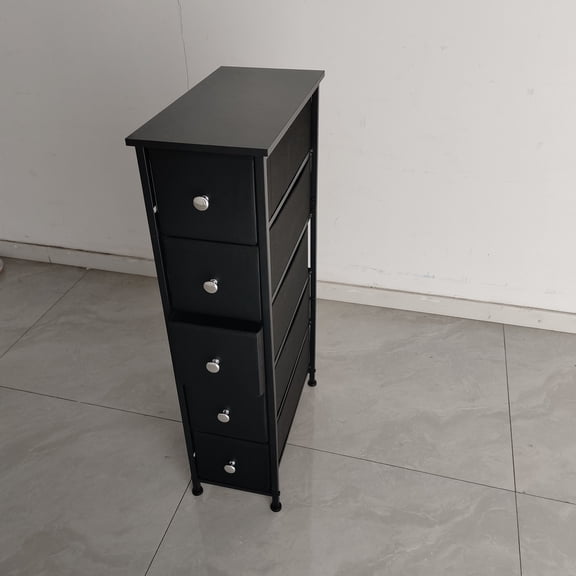 Tomnk woo 5 Drawer Fabric Dresser, Narrow Storage Tower with Wood Top, Black